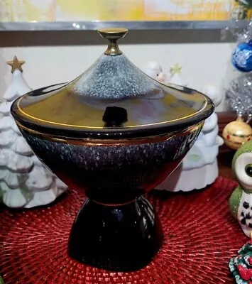 Vintage Mcm Atomic Black Drip Pottery Pedestal Lidded Bowl Compote • $30