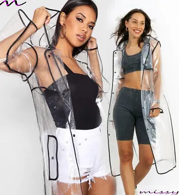£9.59 • Buy NEW Ladies LONG Transparent Clear Black Waterproof Raincoat Rain Mac KAGOOL SIZE