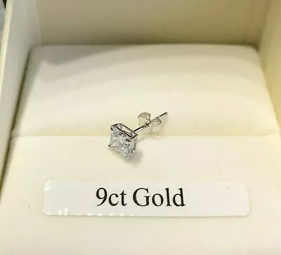 9ct WHITE GOLD SINGLE 4mm SQUARE 0.39ct DIAMOND-UNIQUE STUD EARRING MEN'S WOMENS • £29.99