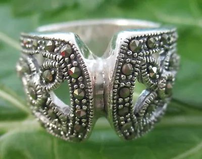  925 Sterling Silver THICK & SOLID Marcasite  Flower  Ring Size K To Q1/2  WOMEN • $32.61