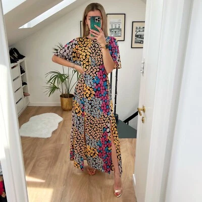 £23.99 • Buy Topshop Pink Yellow Black Floral Print Maxi Midi Short Sleeve Dress 12 Summer
