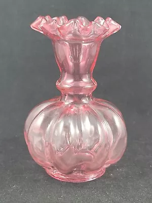 Vintage Fenton Cranberry Ruffle Glass Melon Bulb Vase 4.5 Inch • $20