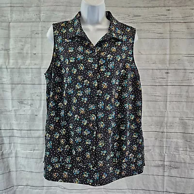 Cabi 3440 Womens Whimsy Blouse Sz Large Black Blue Floral Sleeveless • $19.99