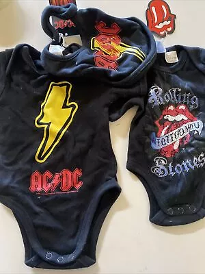 ACDC Rolling Stones Baby Infant Jumpsuit Bib Tag 2009 • £18.59