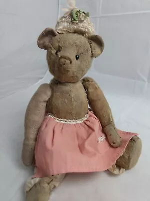 Antique 14  Teddy Bear Early Mohair Shoe Button Eyes Replacement Arm Floral Hat • $295