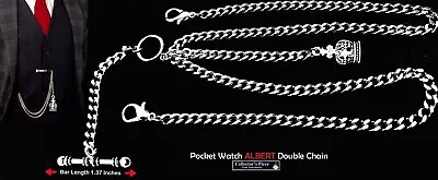 Very Strong Stainless Steel Pocket Watch Albert Double Chain With Crow Fob • $21.65