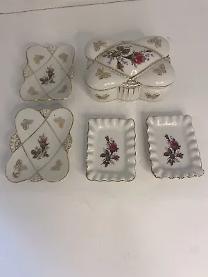 Vintage Lippet &Mann Bond Ware Moss Rose Cigarette/Trinket Box And 4 Ashtrays • $20