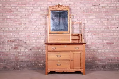 Antique Carved Oak Dresser With Mirror Circa 1900 • $995