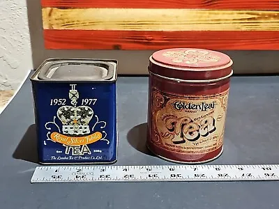 💎 Vintage Lot Of 2 1 Royal Silver Jubilee & 1 Golden Leaf Tea Tins 1952 - 1977 • $15