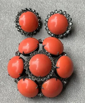 $25 • Buy Vintage Signed Les Bernard Inc Simulated Coral Cabochon Brooch And Earrings Set