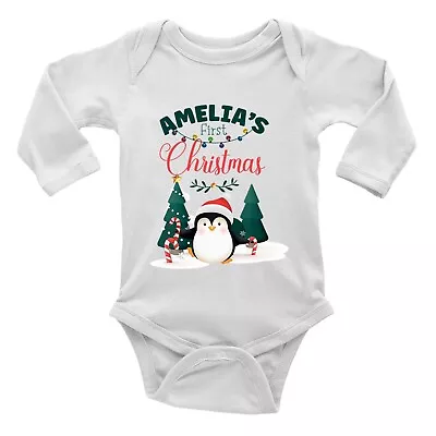 Personalised First Christmas Penguin Long Sleeve Baby Grow Vest Bodysuit Gift • £5.99