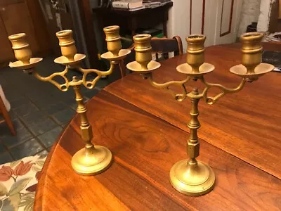 Pair Of Two 9 3/4 Inch Three Candle Brass Candelabras • $15