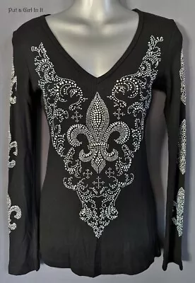 New VOCAL Womens CRYSTAL BLACK FLEUR DE LIS LONG SLEEVE LIGHT SWEATER SHIRT S • $46.50