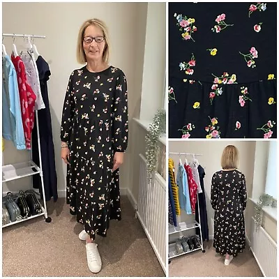 £15.95 • Buy New Marks & Spencer Womens Dress Black Floral Cotton Jersey Tiered Midi 6 - 24