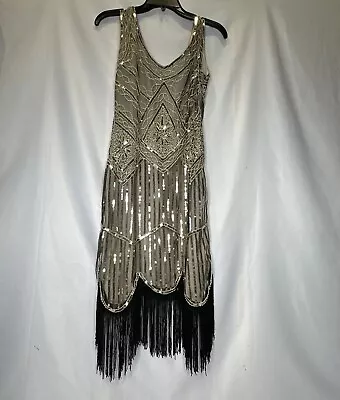 Beaded Gold Flapper Dress Lined Sequins Tank Style Fringe Vintage Style SM • $24