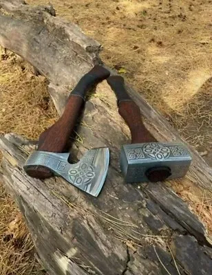 Hand Forged Viking Axe And Nordic Thor Hammer Handmade Carbon Steel Xmas Gift • $179.99