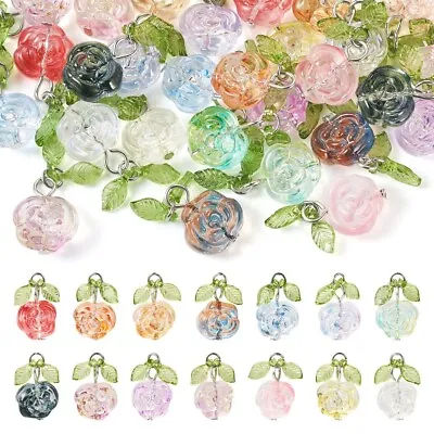 28Pcs 14 Colors Glass Pendants Flower With Leaf Charms For Jewelry Making 22mm • $8.99