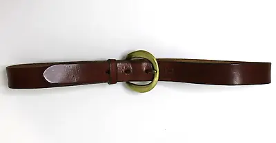 Vintage 70s Brass Buckle Brown Leather Belt 7/8  Wide Unisex Anchor Size 26 USA • $25.64