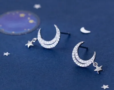 Fashion Women 925 Sterling Silver CZ Moon And Star Earring Stud Allergy Free • $13.50
