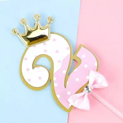 6X 2nd BIRTHDAY PARTY GOLD PINK BLUE CAKE TOPPER CROWN GIRL BOY NUMBER 2 CUPCAKE • $9.99