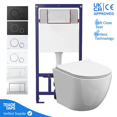 Rimless Wall Hung Toilet Pan Frame 1.12m Concealed Cistern WC Dual Flush Plate • £239.95