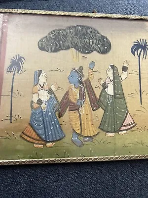 Antuque Miniature Silk Painting Indian Hindu Vishnu Ladies Palm Trees  • $200