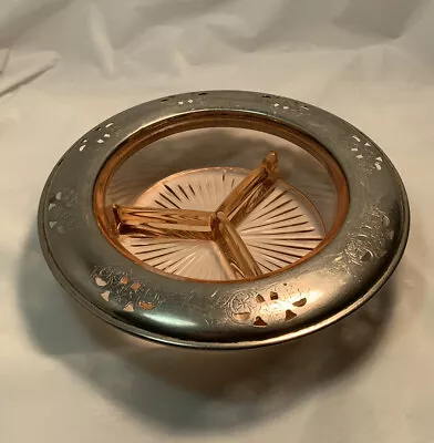 Vintage 1930’s Pink Depression Candy Dish Silver Plate Rim Farberware Brooklyn  • $10