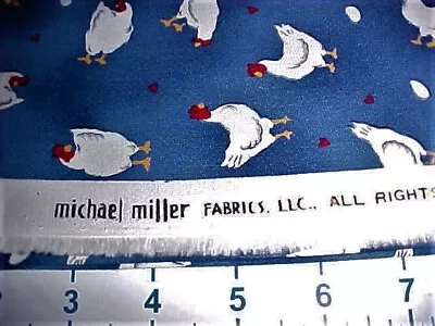 Fabric Cotton Michael Miller Le Poulet Chickens And Eggs Blue Background OOP • $8.09