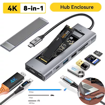 8-in-1 10Gbps USB-C HUB Enclosure W/ M.2 Nvme Sata SSD 4K HDMI SD/TF For MacBook • $9.99