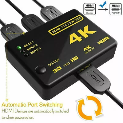 4K Ultra HD 3 Way HDTV Auto 3 Port IN 1 OUT HDMI Switch Splitter Remote Control! • $17.49