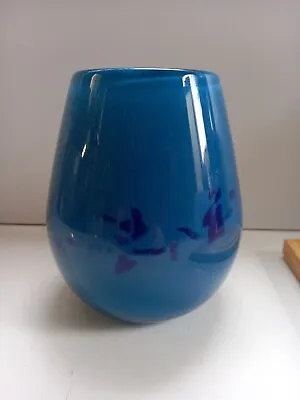 Vasart Monart Strathearn Art Glass Vase Vintage Blue Glass Vase Made In Scotland • £60