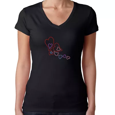 Womens T-Shirt Rhinestone Bling Black Fitted Tee Random Love Hearts • $21.95