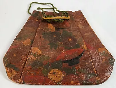 Vintage 6  China Asian Embossed Dyed Leather Lotus Chrysanthemum Purse Pouch • $19.99