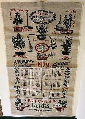 Vintage Tea Towel Calendar Fabric Linen Cotton Hanging 1979 Herbs Boho • $12