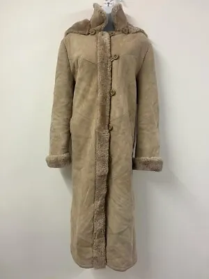 £44.25 • Buy Vintage Sheepskin Coat Size 12 Long Pockets Hood Brown Retro Boho Suede DEFECT