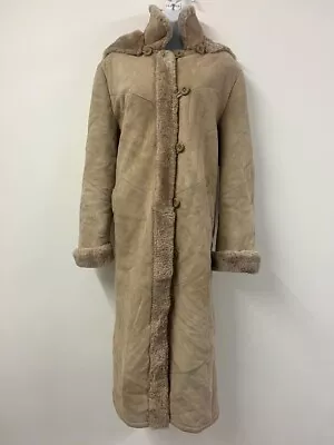£44.25 • Buy Vintage Sheepskin Coat Size 12 Long Pockets Hood Brown Retro Boho Suede DEFECT