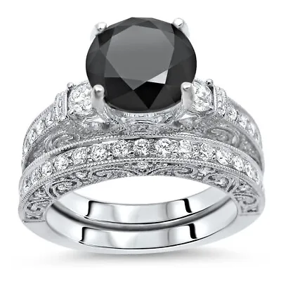 Vintage 3.5Ct Black Onyx Round Cut CZ Wedding Engagement Ring Set In 925 Silver • $102.84