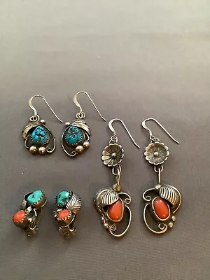 Old Pawn 3 Pairs Navajo Native American Turquoise Coral Earrings • $41