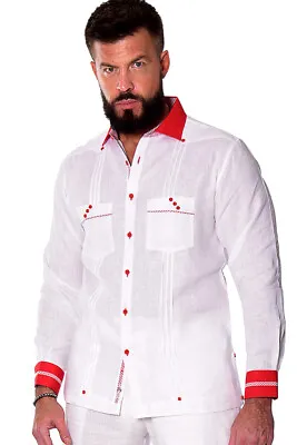 Bohio 100% Linen Fancy Guayabera Shirt For Men - White/Red Pin-Tucked - MLFG2027 • $55.99