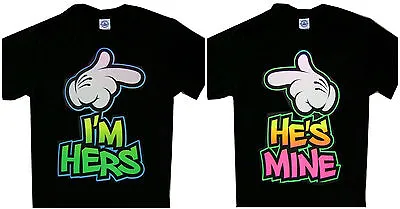 He's Mine I'm Hers T'Shirt Funny Cartoon Pointing Hands Cool Couple Tee • $19.98