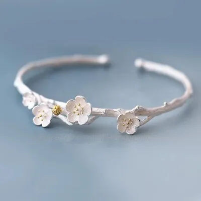 ZARD Cherry Blossom Cuff Bangle Delicate Bracelet In Sterling Silver • $30.10