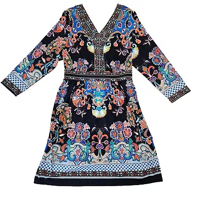 Eci NY Size XL Multicolor Geometric Ethnic Print Long Sleeve Tie Back Dress Knee • $26.50