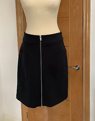 M&S Full Zip Front Structured Fit Skirt Black UK 12 Pockets Wth Spandex Stretch • £16.99