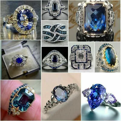 £2.86 • Buy Fashion Women Men 925 Silver Jewelry Oval Cut Blue Sapphire Wedding Ring Sz 5-11
