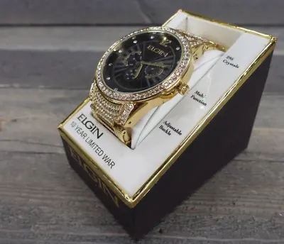 Elgin Men's Gold-Tone - 295 Crystals - Black Dial Watch - FG160030G - NEW! • $54.95