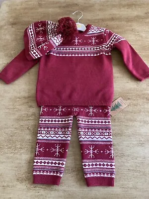 FAIR ISLE CHRISTMAS KNITTED 3 PIECE WINTER OUTFIT (PANTSJUMPERHAT)-9-12mth-NEW • £8.99