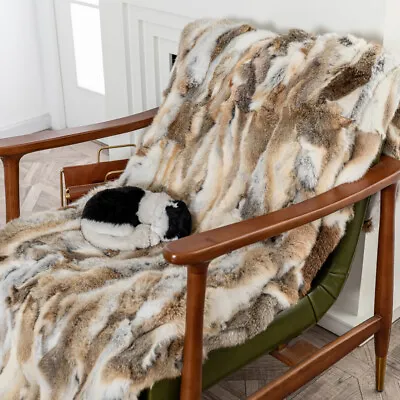 Luxury Soft Real Rabbit Fur Throw Blanket Tan Warm Large Sofa Bedspread 55x63'' • $113.99