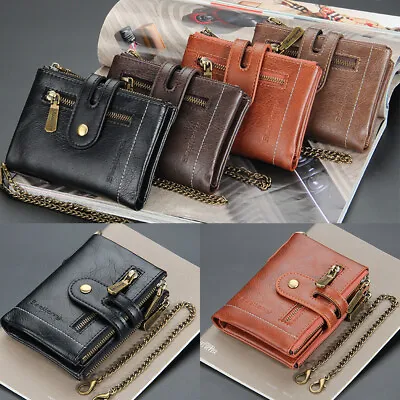 Mens Leather Wallet With Chain RFID Blocking Bifold Zipper Coin Short Purse • $10.49