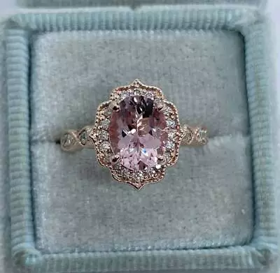 3Ct Oval Cut Morganite Diamond Art Deco Halo Engagement Ring 14K Rose Gold Over • $209.99