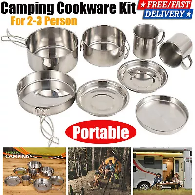 £12.98 • Buy 8Pcs Camping Cookware Portable Outdoor Picnic Hiking Cooking Equipment Pan Pot